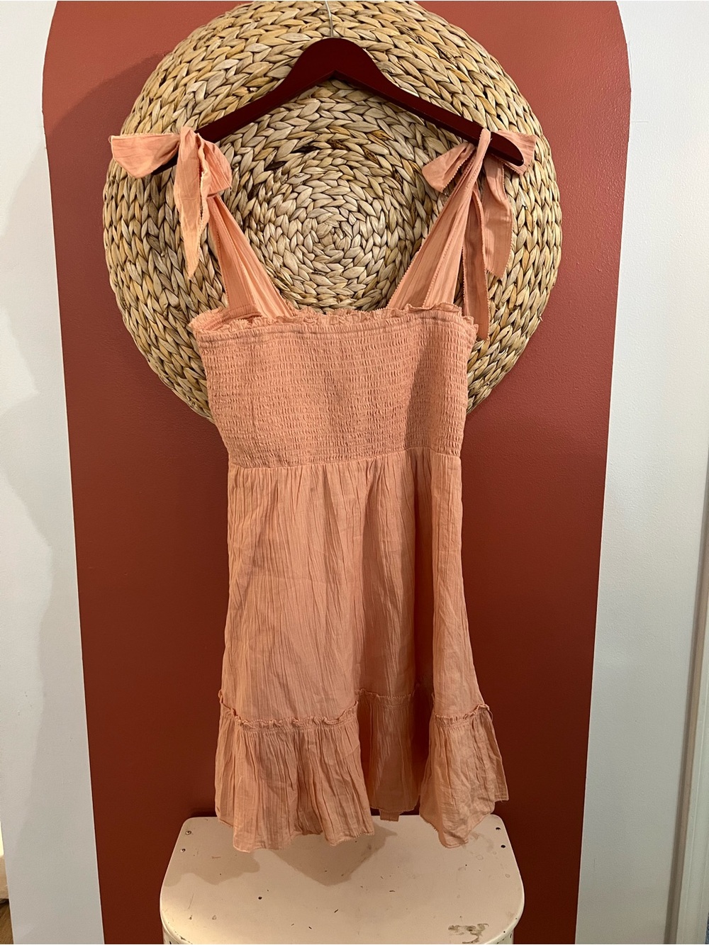 aerie Peach Tie-Shoulder Smocked Mini Dress